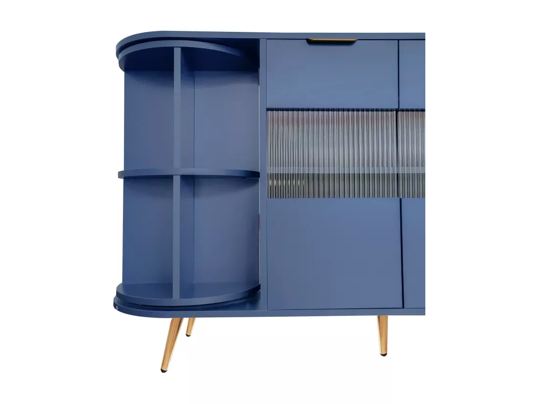 Buffet armoires de rangement bleu marin avec 2 portes battantes en verre éclairage LED poignets et pieds dorés LED RIPHRENS BLUE