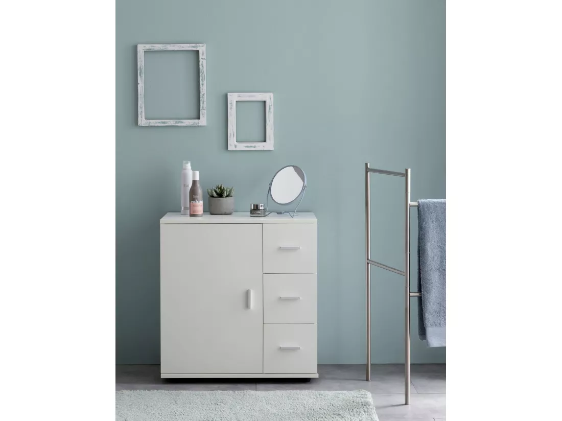Armoire de Salle de Bain 60x65,5x33cm Commode avec Tiroir et Porte Blanc