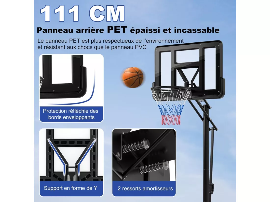 Panier de Basket-Ball sur Pieds Hauteur Réglable 143-305cm, Support de Basket Portable à roulettes avec Sac Sécurisé, Panneau Arrière de 111 cm