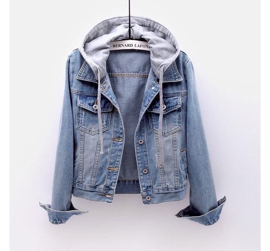 Hanji - Gewassen denimjack met capuchon en knoopjes