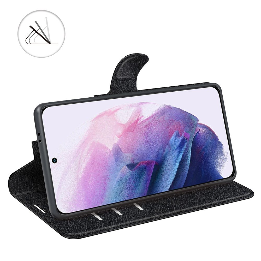 Samsung Galaxy S22 5G Leder Tasche Flip Cover Litchi Look - Schwarz