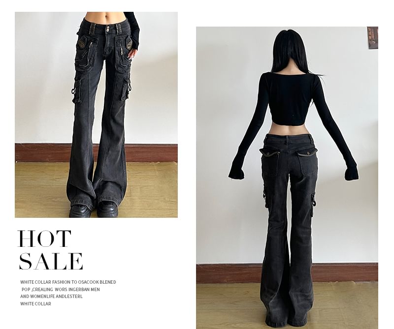 GAGAO - Low Waist Washed Bootcut Cargo Jeans