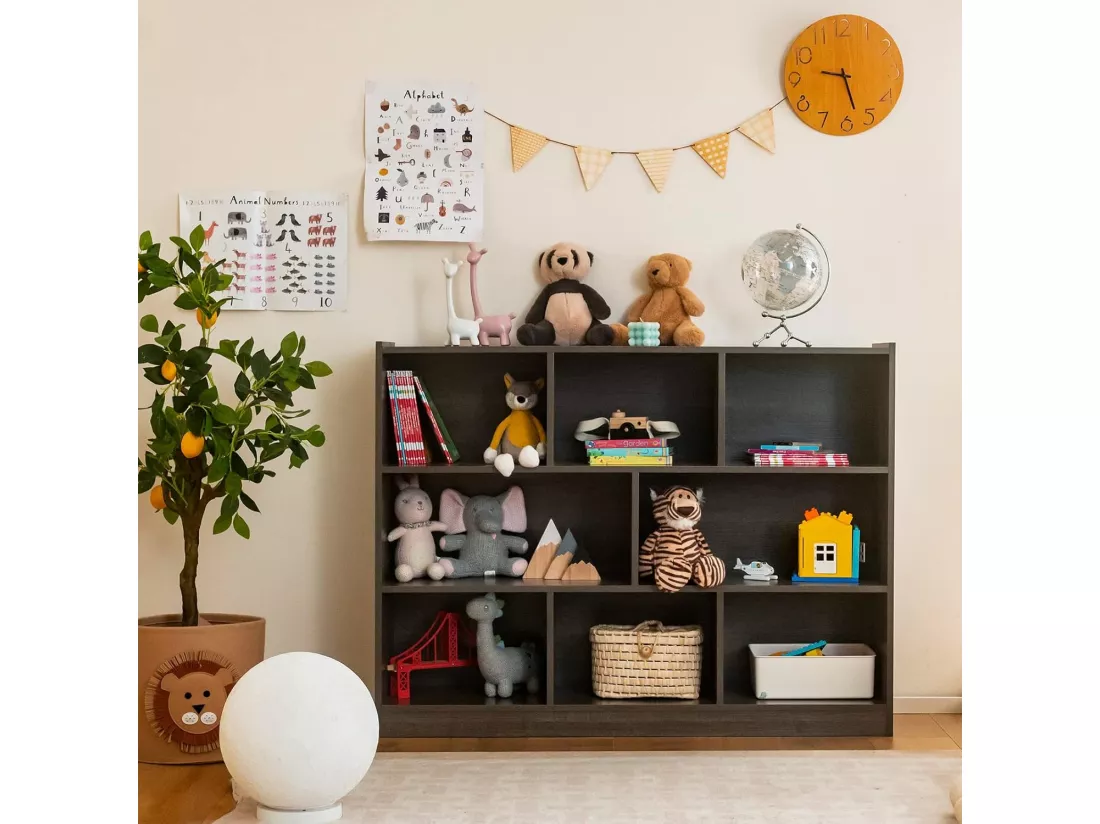 Bibliothèque enfants à 3 niveaux avec 8 cases, 122 x 32 x 93 cm (brun)