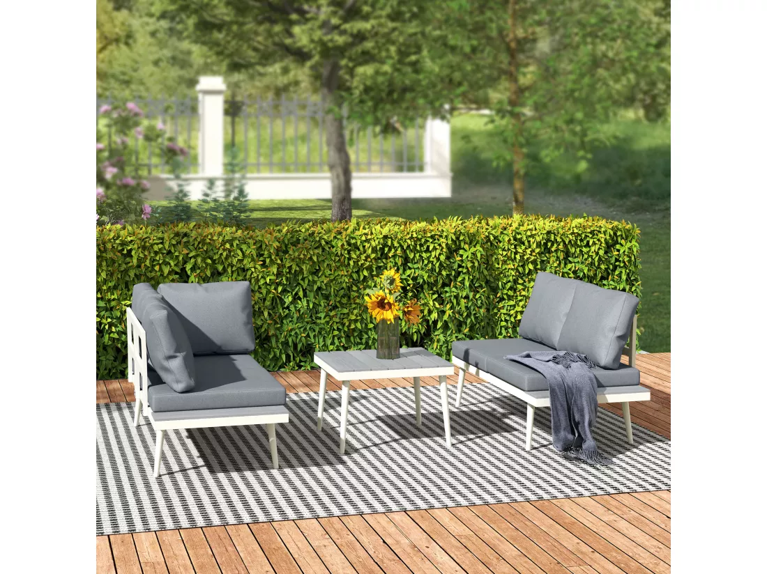 Ensemble salon de jardin modulable 4 personnes 3 pièces design métal crème coussins gris