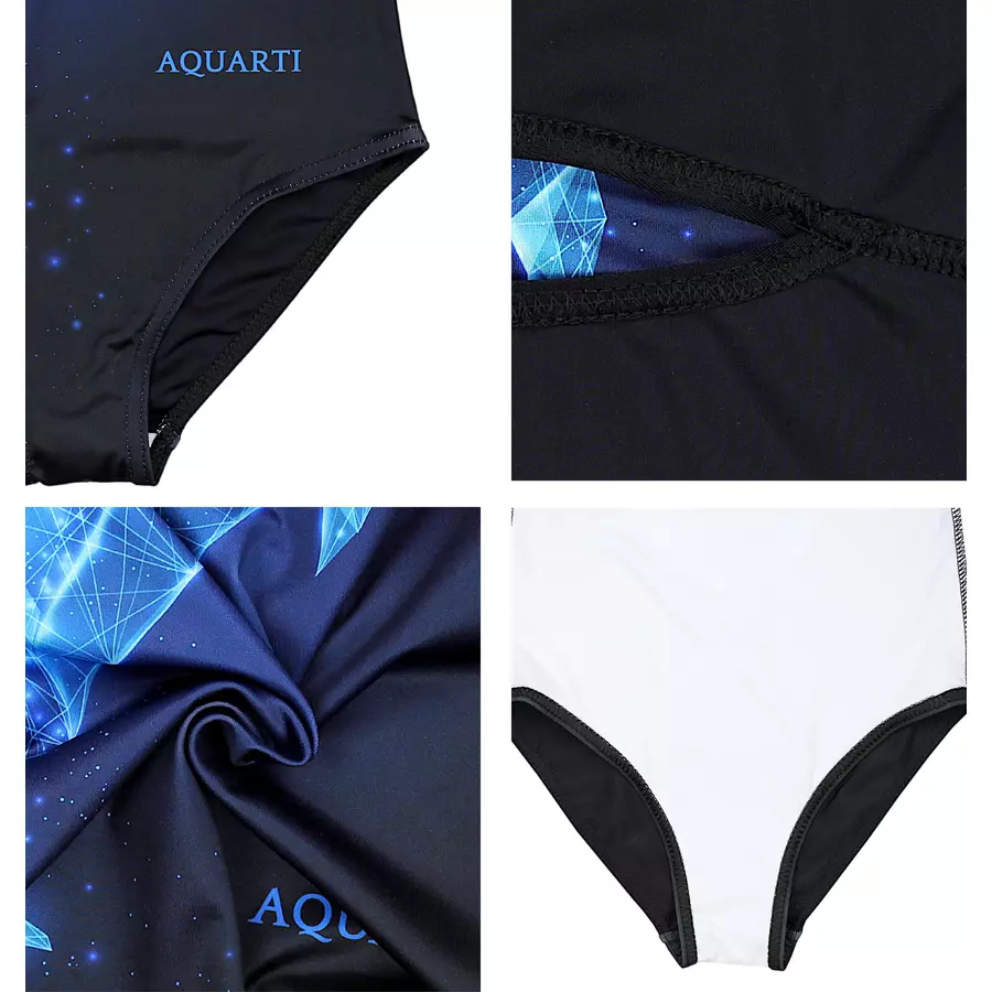 Aquarti Mädchen Badeanzug mit Ringerrücken Print schwarz