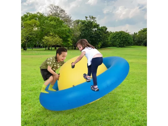Balle Gonflable Enfants Ø233cm avec 6 Poignées, Château Gonfable en PVC avec Surface Élastique, Balle Rebondissante Intérieur Extérieur pour 3 Enfants de 5 Ans+, Charge 113kg (Jaune+Bleu)