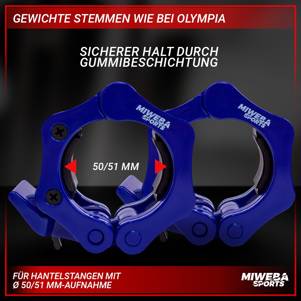 Miweba Sports Hantel-Schnellverschluss, für Olympiastangen mit ø 50/51mm, 2er-Set, Gummibeschichtung (Blau)