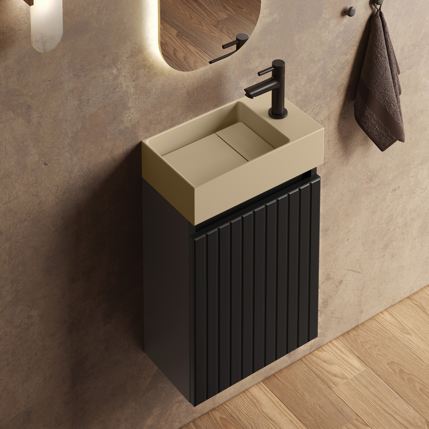 Fontana Itsie toiletmeubel mat zwart ribbelfront 40cm met fontein in mat licht ivoor