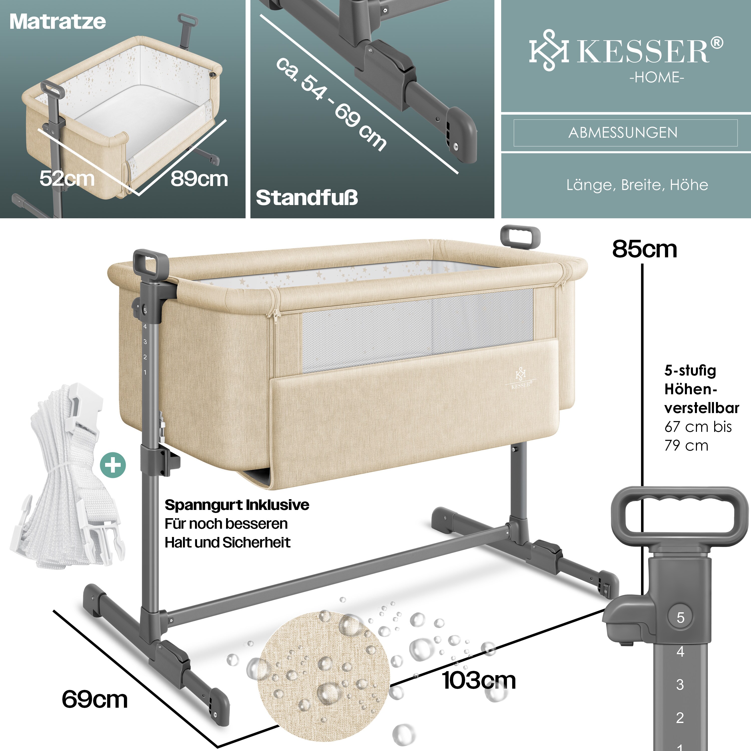KESSER® Zustellbett Hubi 3in1 Baby Beistellbett Reisebett Babybett mit weich Matratze, mit Rollen Kinderbett, 5-fach Höhenverstellung, Faltbare Seitenwand für zu Hause und unterwegs