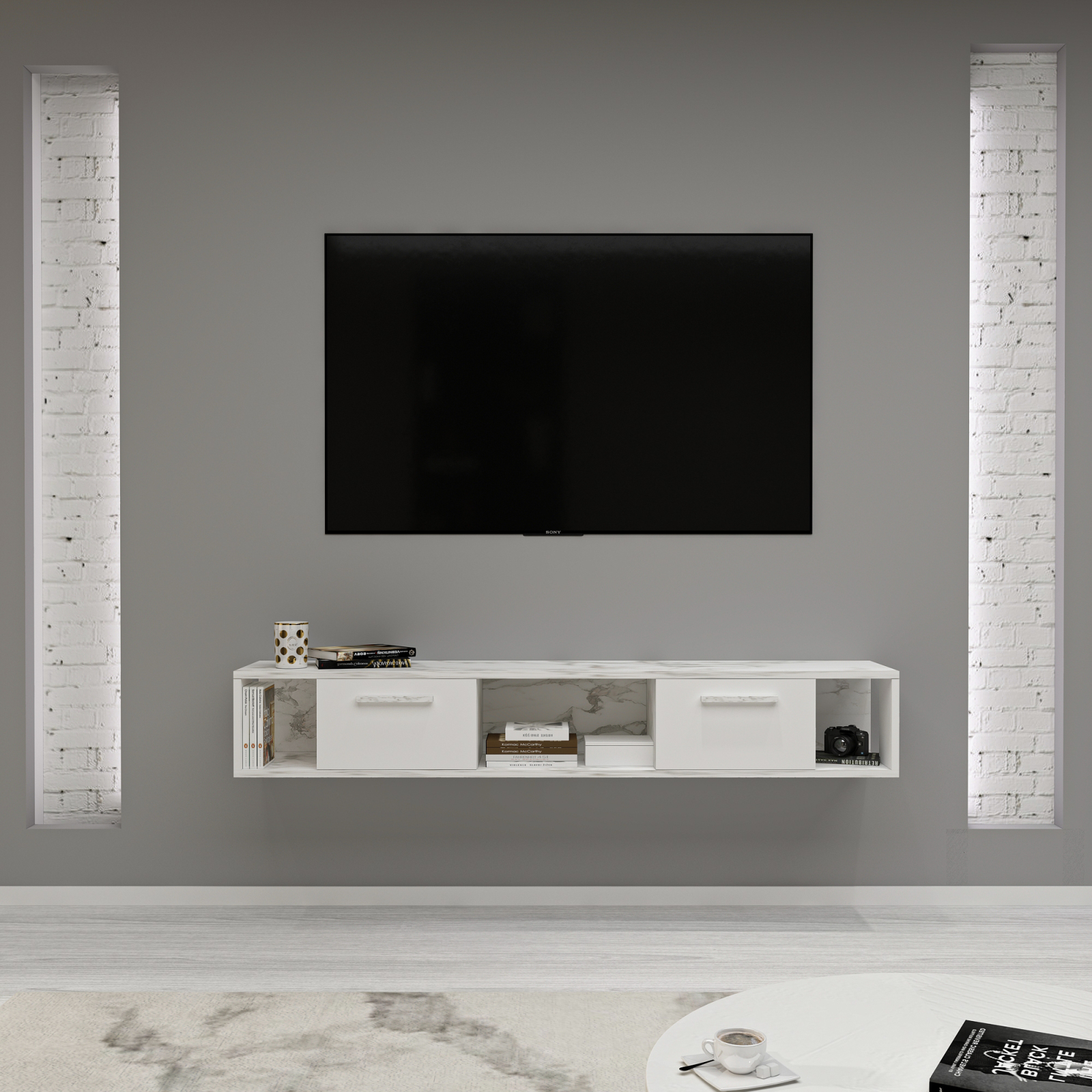 TV-Lowboard - weiß - Marmoroptik - hängend - 160 cm