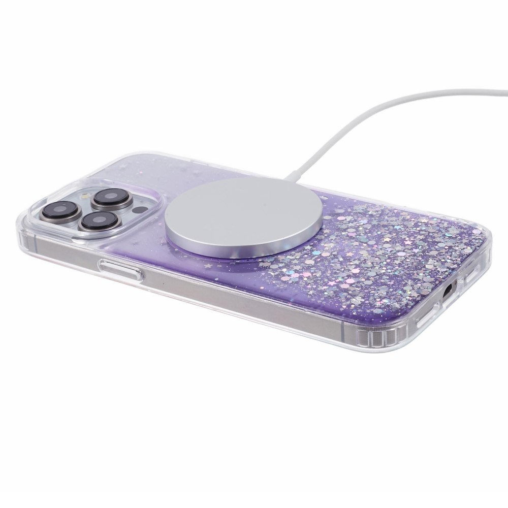 iPhone 15 Pro MagSafe Hülle mit Acryl Rückseite und Farbverlauf im Glitzer Design - Lila