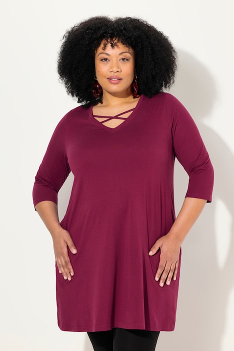 Longshirt, Zierbänder, A-Linie, V-Ausschnitt, 3/4-Arm