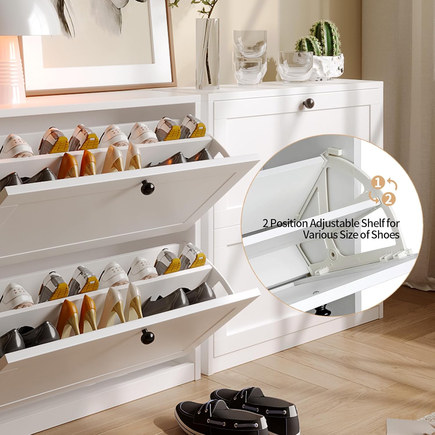 VOWNER Schuhschrank mit 2 Klappen, Schuhregal Schuhkipper Schmal, mit 4 Fächern, Schuhschrank Weiss, Verstellbar, Anti-Kipp-Vorrichtung für Eingangsbereich, Flur, 80 x 24 x 80 cm