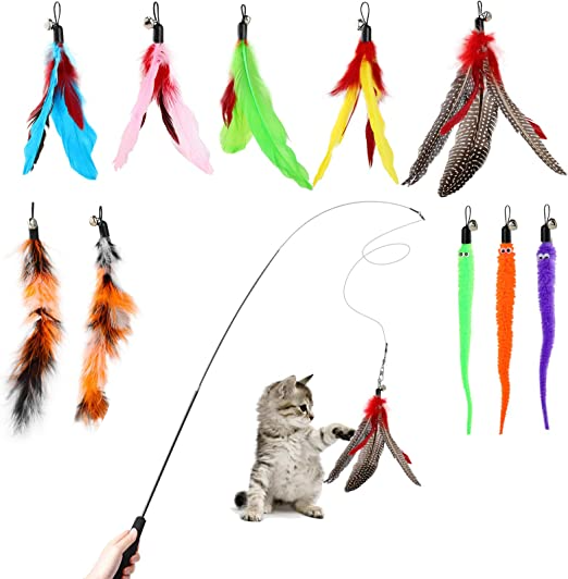 (11-tlg. Set) Interaktives Katzen Spielzeug Angel Kit mit Federn / Glocken - Bunt