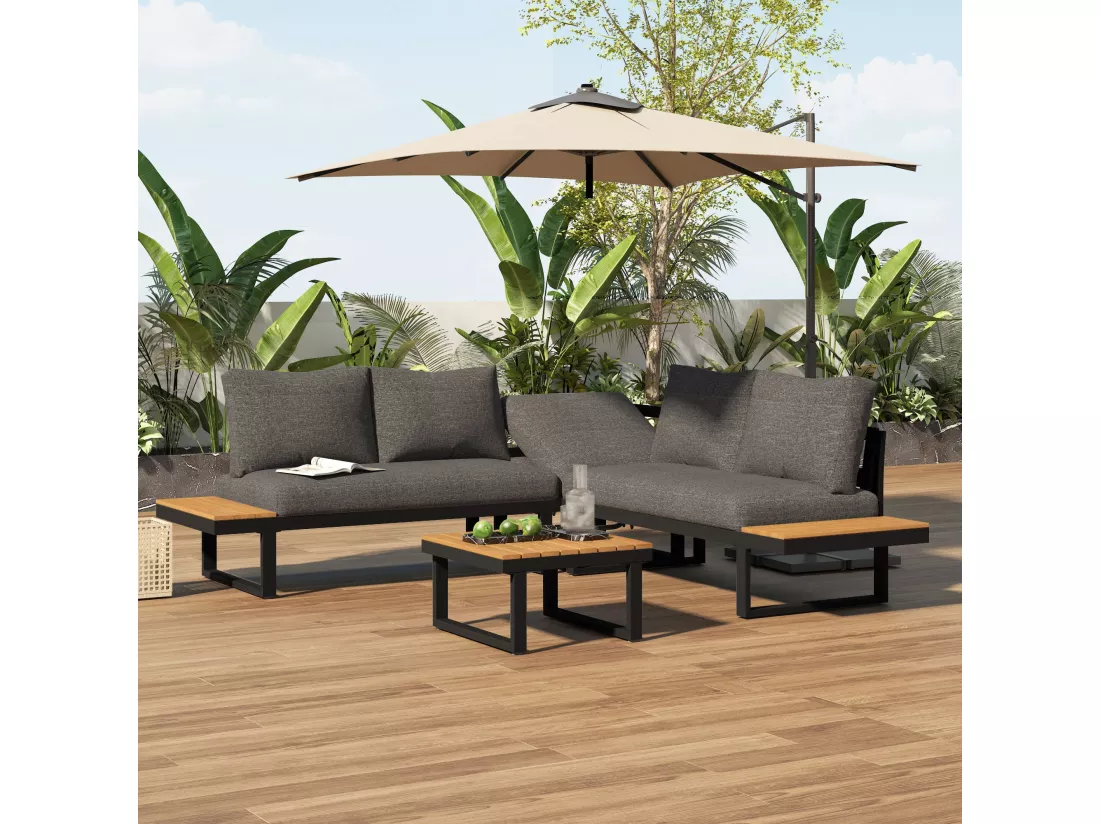 Ensemble de relaxation de jardin, position d'angle, chaise longue réglable (5 niveaux de réglage, max. 55°), avec table basse, gris + noir