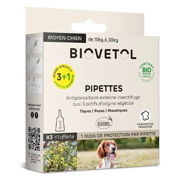 Biovetol - Antiparasitário - Pipetas Orgânicas para Cães de Porte Médio - 3ml (x3+1)