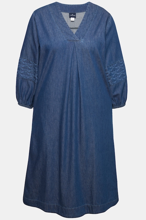 Jeanskleid, 3/4 Arm, V-Ausschnitt, Midilänge