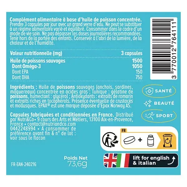 Nutri&Co Ômega 3 Óleo de Peixe Selvagem EPAX® Alta Concentração 120 cápsulas