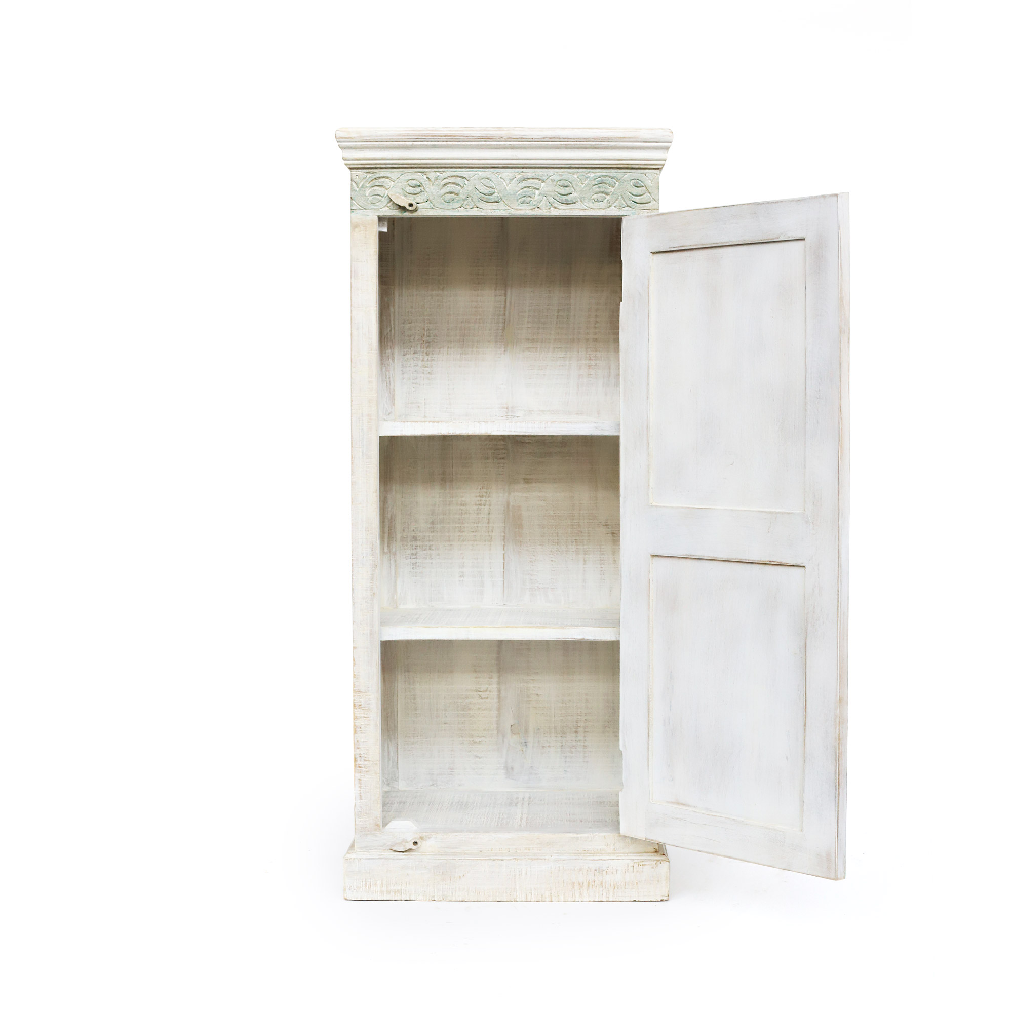 Schrank aus Mangoholz, weiß, grün, H 147 cm, B 63 cm, L 41 cm von fischer's lagerhaus