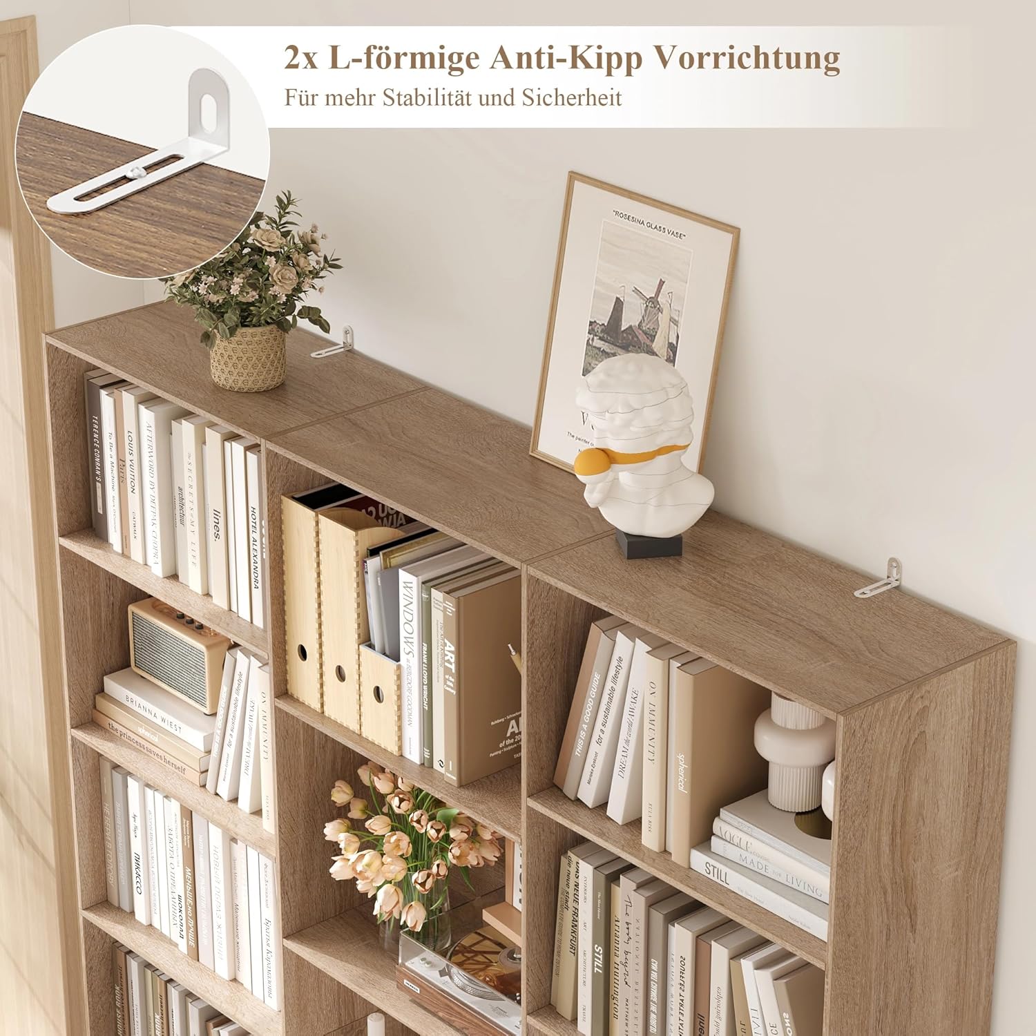FirFurd Bücherregal 188 cm, Regal mit 17 Fächern, Bücherschrank, Standregal, Aufbewahrungsregal, für Wohnzimmer Büro Arbeitszimmer, 149 x 23,5 x 188 cm, Eiche
