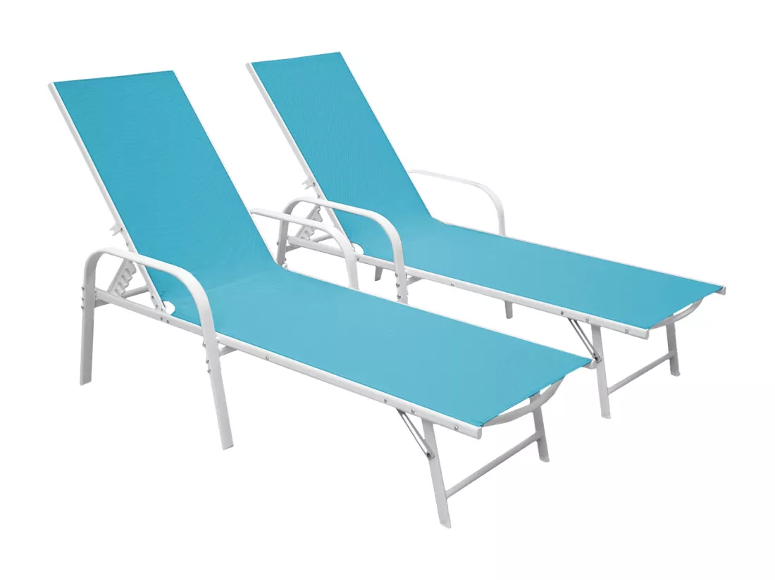 Lot de 2 bains de soleil SARDINIA en textilène bleu - structure blanche - HAPPY GARDEN
