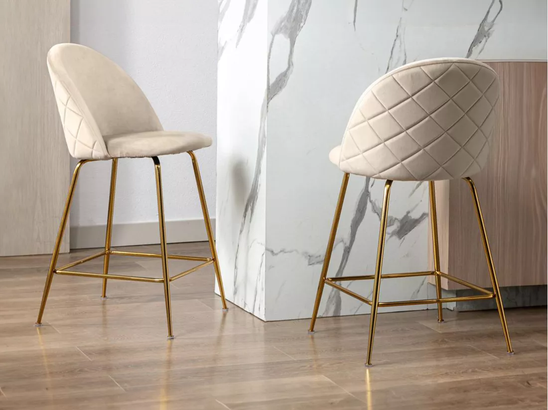 Lot de 2 tabourets de bar en velours et acier inoxydable doré - Beige - MELBOURNE