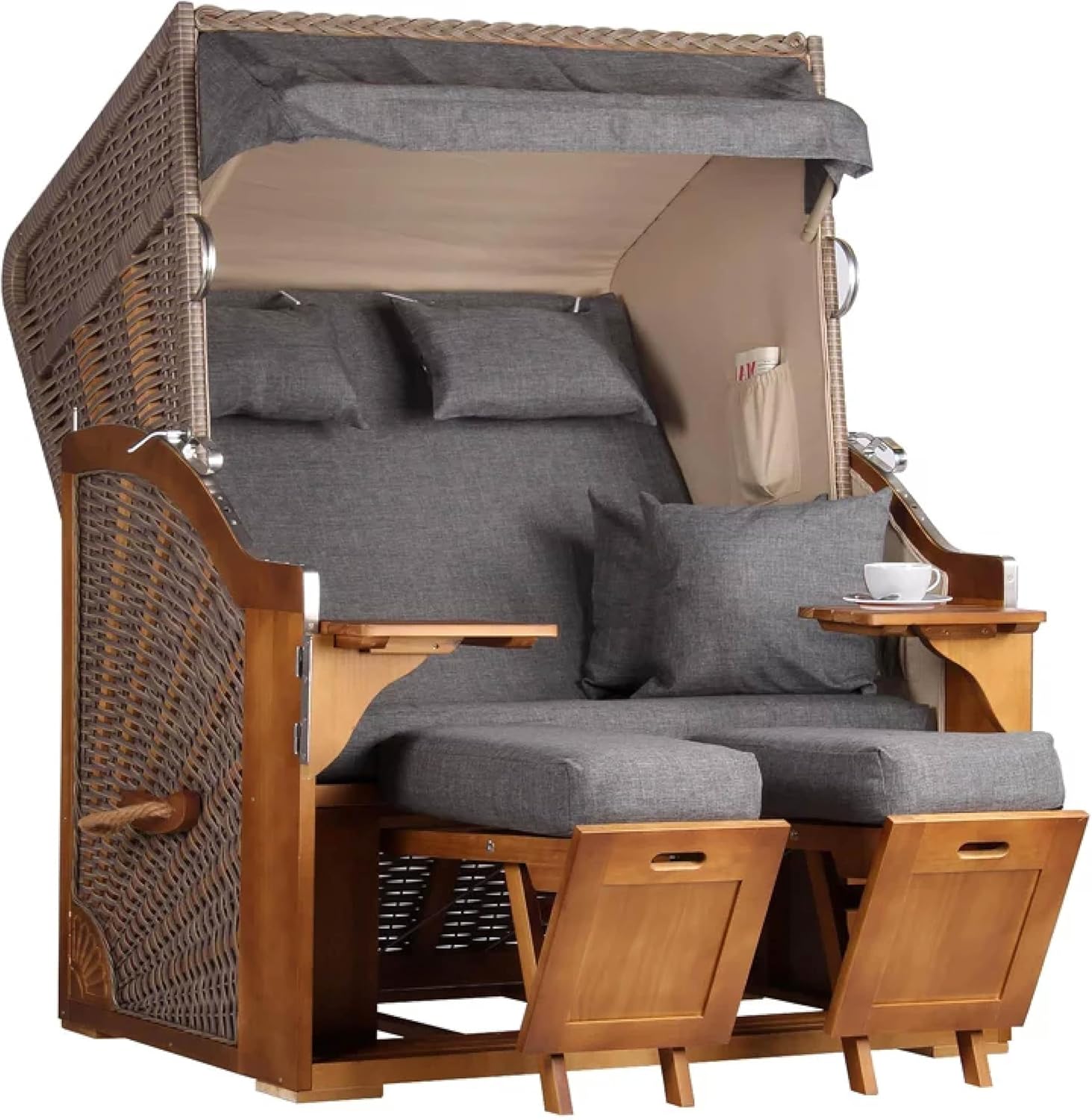 Strandkorb Schleswig Pinie Braun PE Mokka Dessin 560 | 2 Sitzer wetterfest | Ostseefeeling Garten Balkon | Roofed Wicker Beach Chair | Strandkörbe Volllieger Pinienholz | Fertig montiert