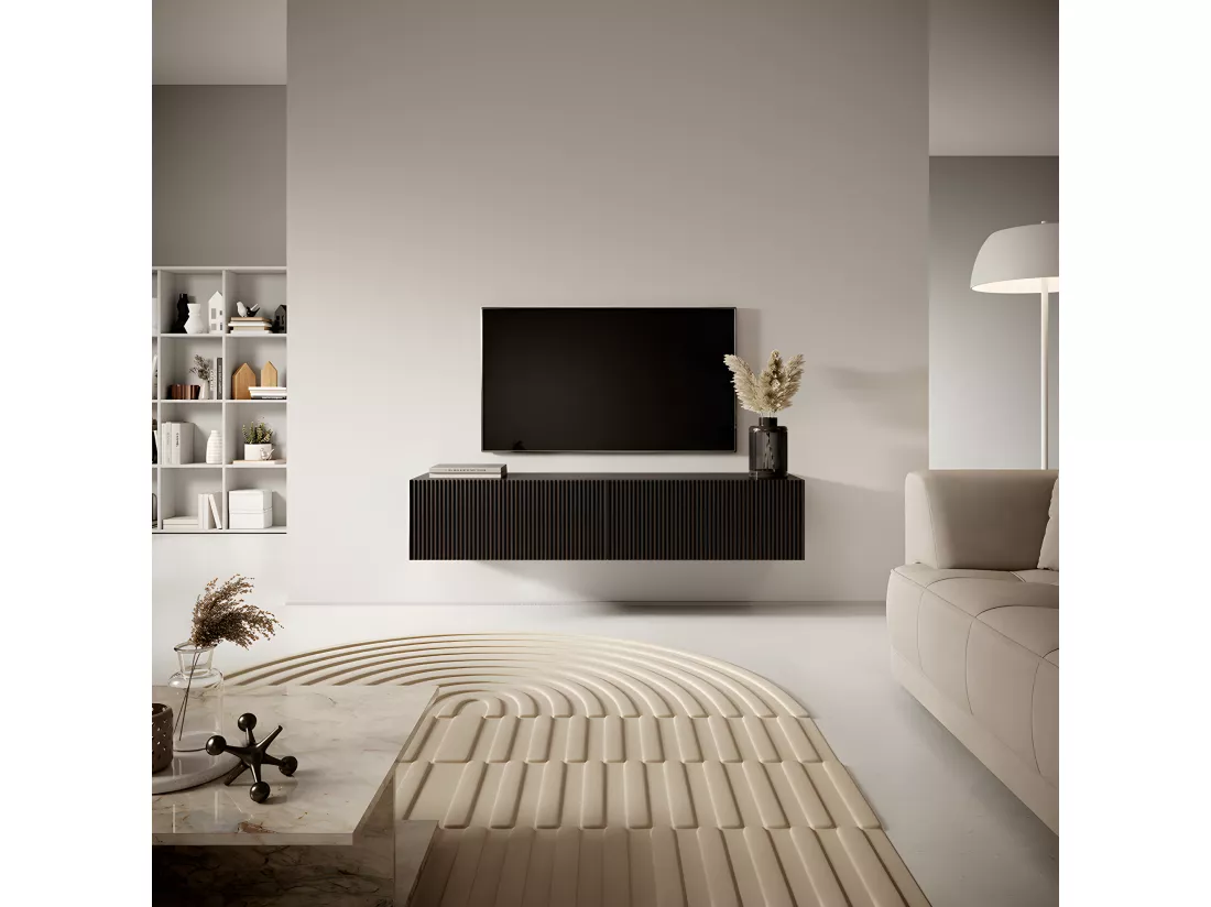 Meuble TV 140 cm noir avec façade fraisée - VELDIO