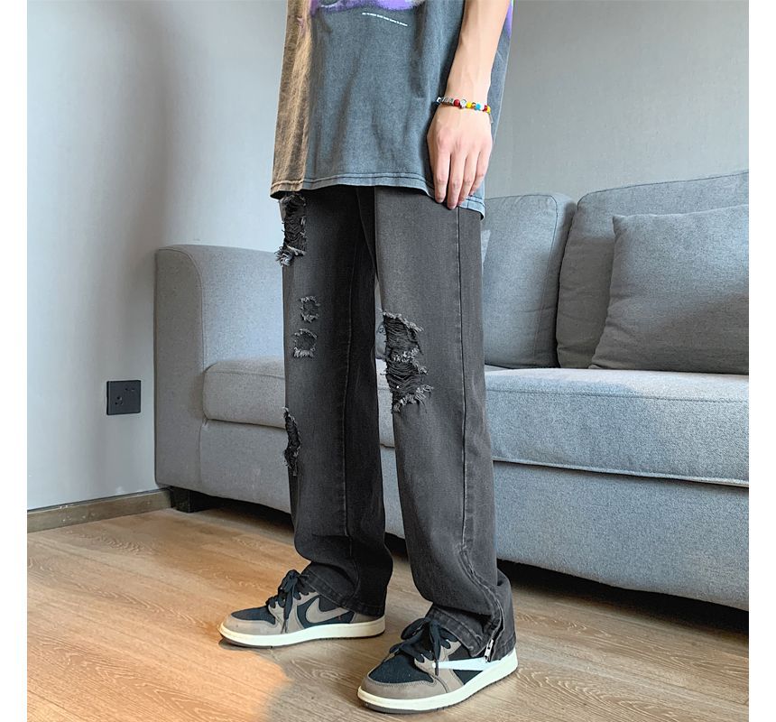 ROOSE - Mid Rise Washed Distressed Wide Leg Jeans