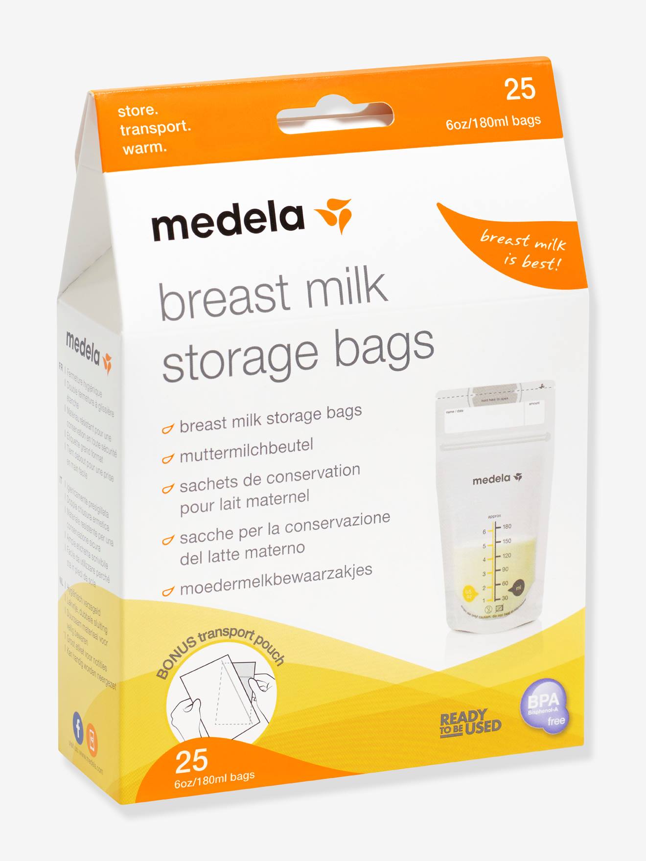 Caixa com 25 sacos para armazenamento de leite materno Medela Pump & Save, incolores.