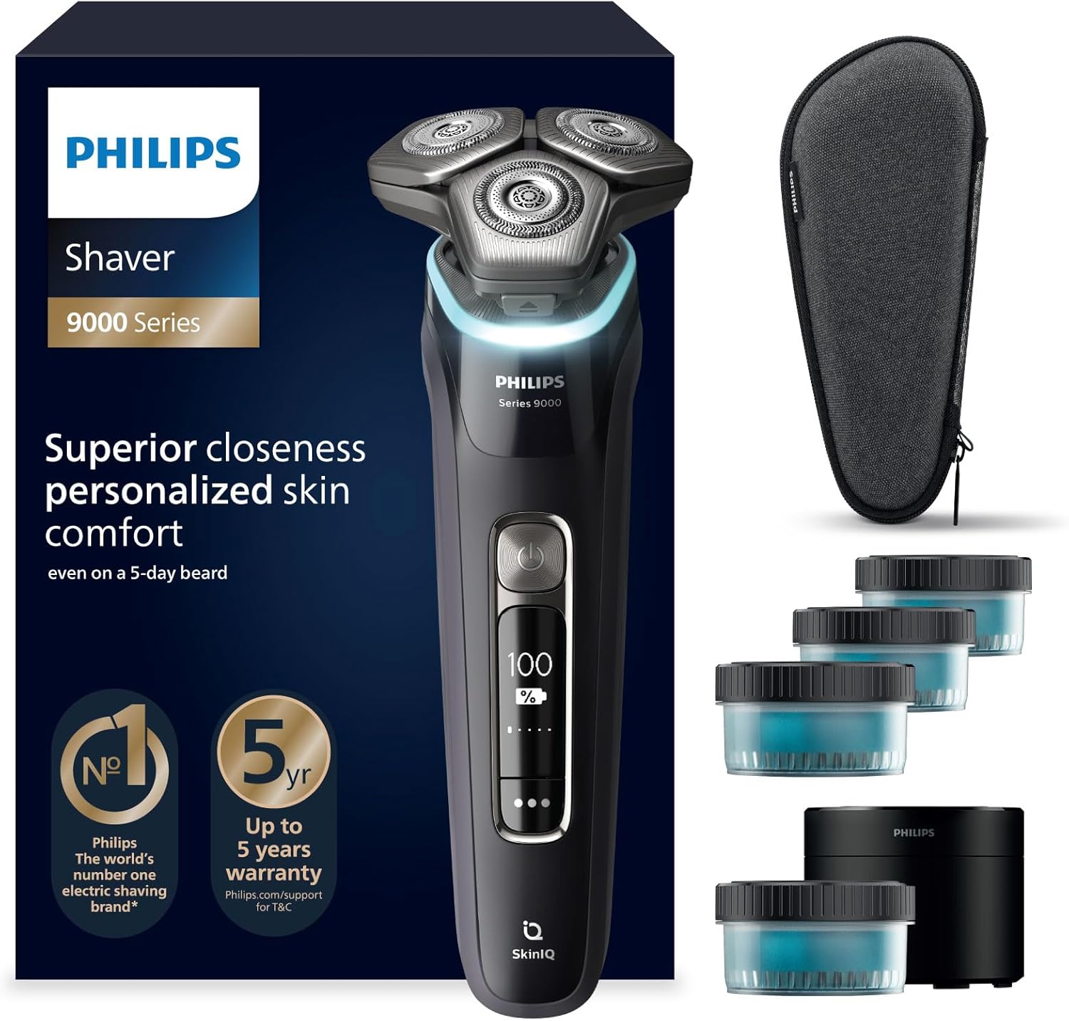 Philips Rasierer S9000 – Elektrischer Nass- & Trockenrasierer für Männer, Schwarz, Lift & Cut System, SkinIQ Technologie, Barttrimmer, Reinigungsstation, Ladestation & Reiseetui(Modell S9976/63)