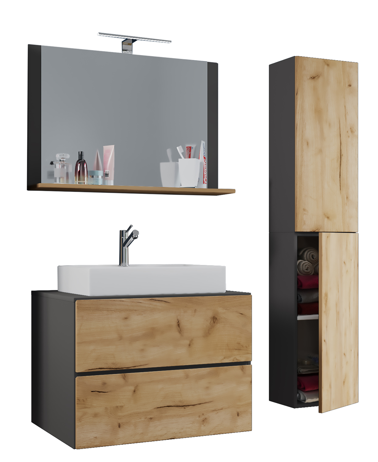 4-teiliges Badmöbel-Set LENDAS L - anthrazit - Honig Eiche - mit Hochschrank - 94 cm