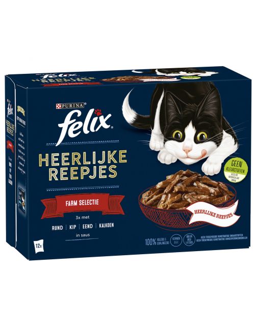 Felix Maaltijdzakjes Heerlijke Reepjes Farm Selectie Box - Kattenvoer - Rund Kip Eend 12x85 g