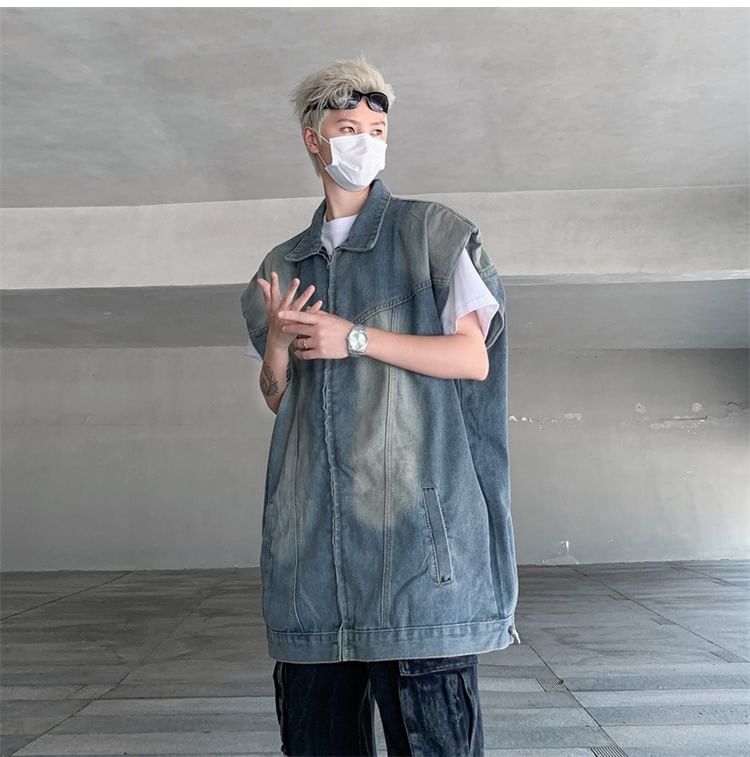 Hushgrain - Gewassen denim vest met kraag en rits