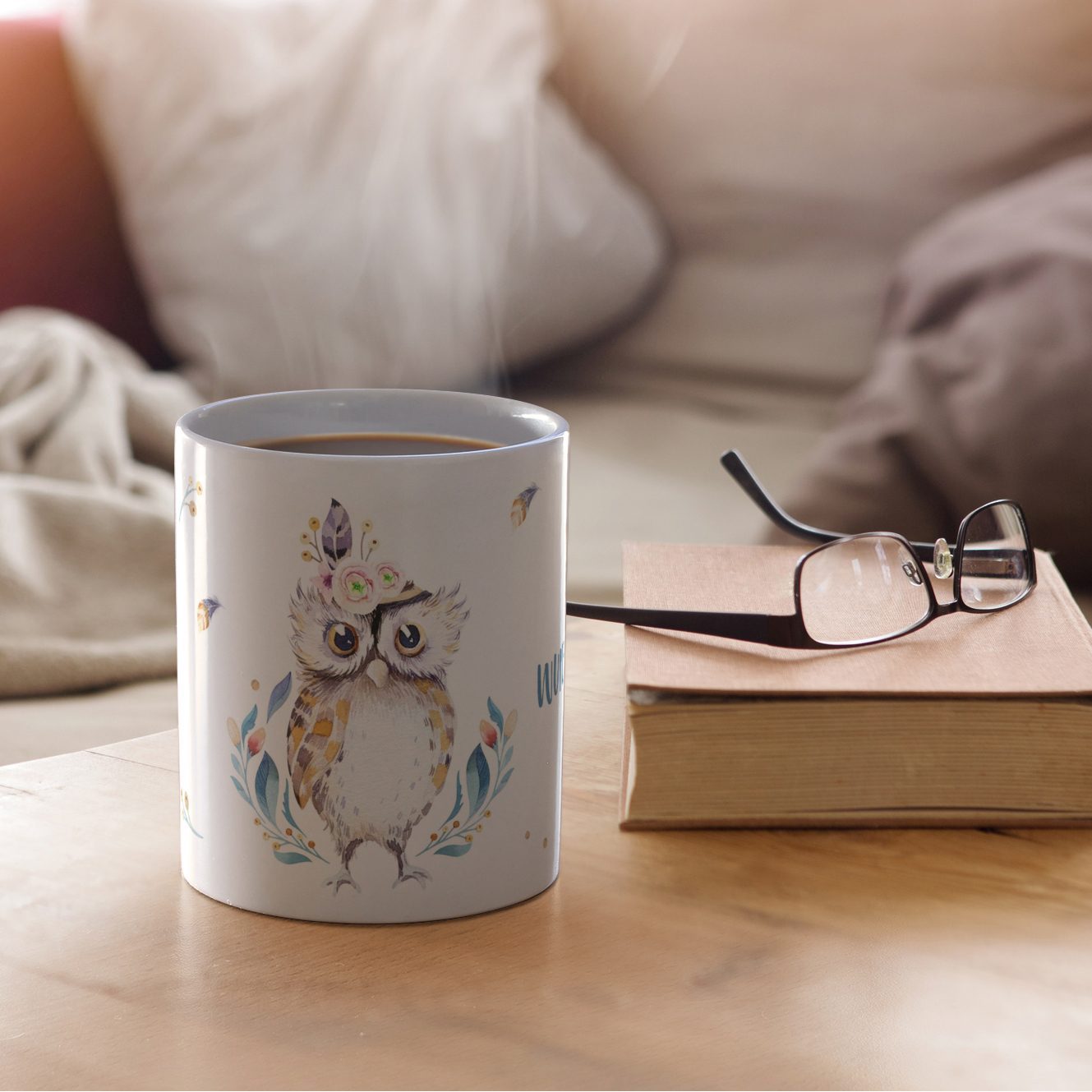 Personalisierte Panorama-Tasse, weiß (Motiv: Eule)