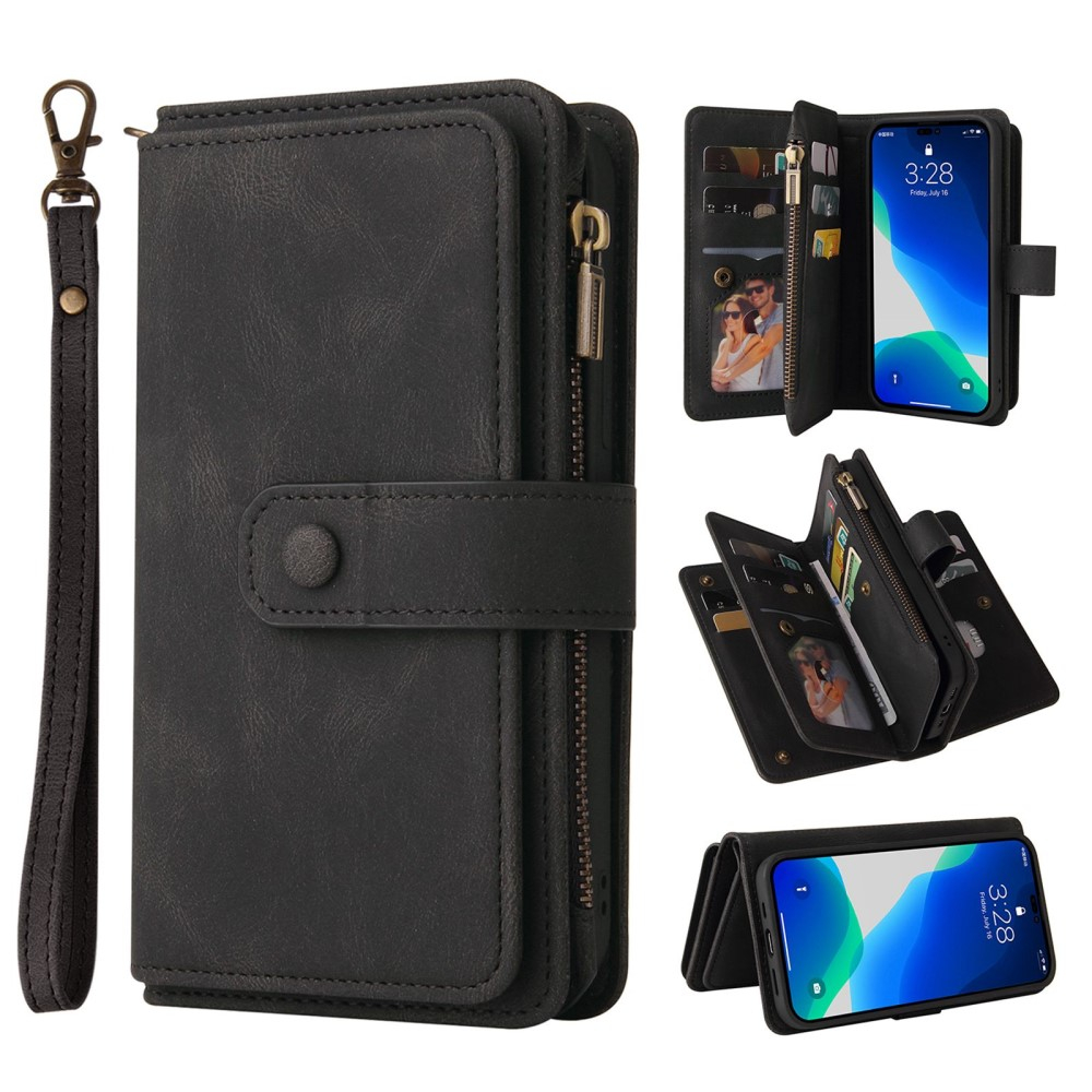iPhone 14 Pro Leder Wallet Etui Tasche mit 13 Kartenfächern   Münzfach - Schwarz