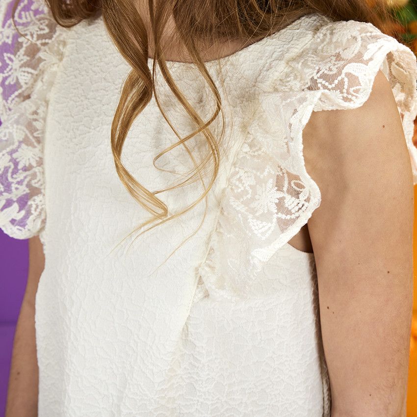 Robe de cérémonie en jacquard avec manches brodées pour fille - Ecru