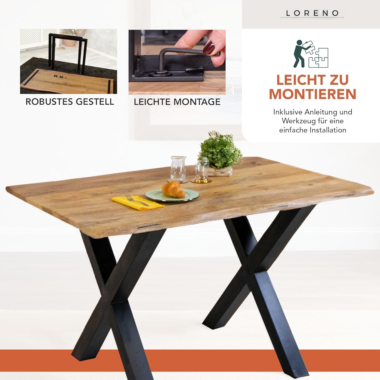 Loreno Handgefertigter Esstisch aus Mangoholz, 120x80cm - 300x100cm Massiver Tisch mit Baumkante, Gestelle, Nachhaltig und Stabil - Tisch Holz Esszimmer, Küchentisch Holz, Esstisch Echtholz