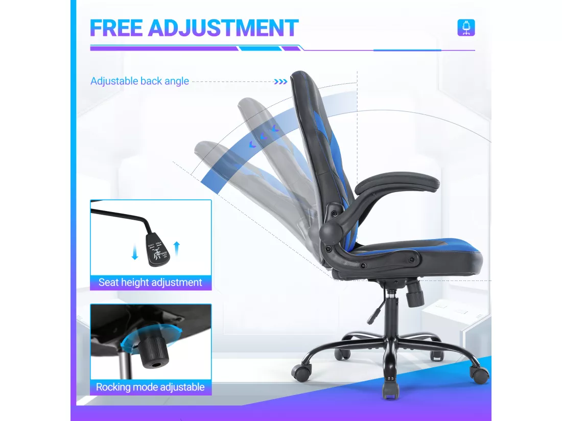 Chaise d'ordinateur,Chaise de bureau pivotante avec support lombaire,Ergonomique,Cuir de PU,Bleu,Noir
