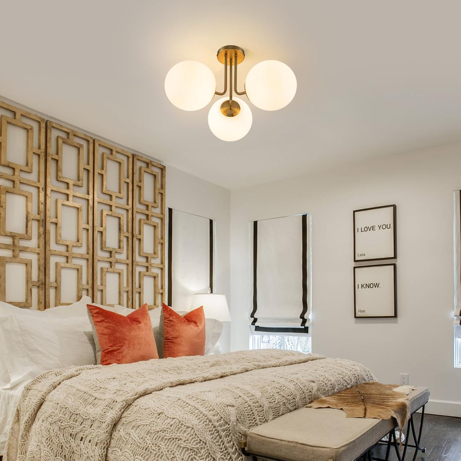 OYIPRO Moderne Deckenleuchte, Glaskugel-Kronleuchter, 3-flammig, goldfarben, halbbündige Deckenleuchte für Wohnzimmer, Schlafzimmer, Flur, Beleuchtungskörper, Decken