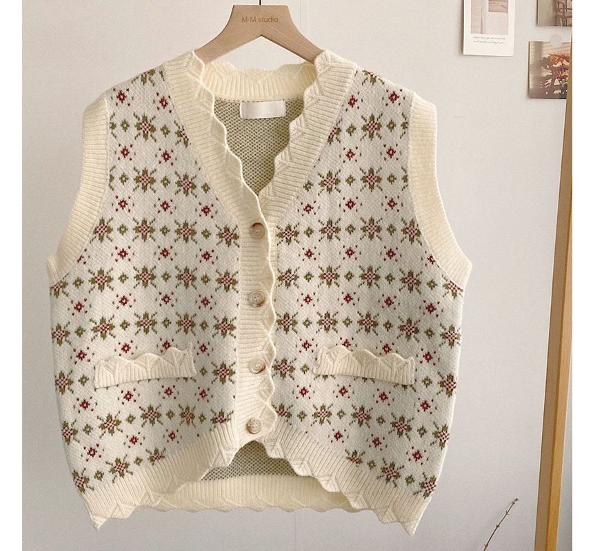 Essere - V-hals bloementrui met knoopjes / lange mouwen mock-neck gebreide top