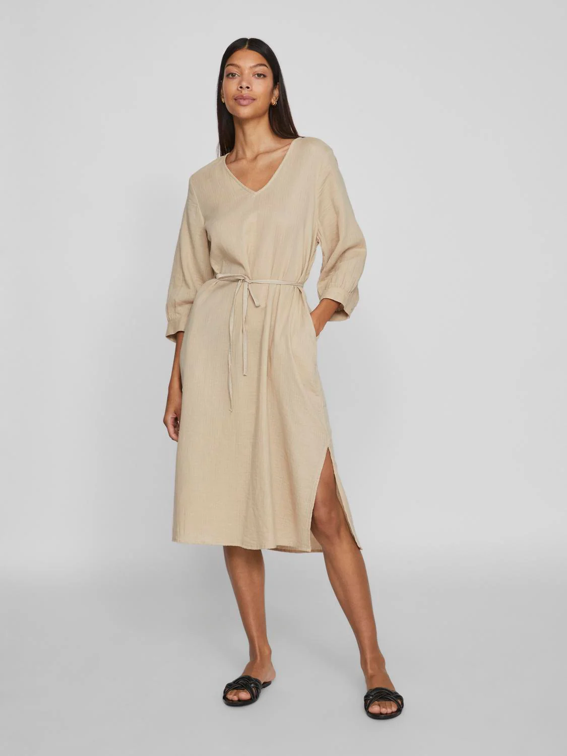 Vila  Vilania 3/4 V-Neck midi kjole - Feather Gray