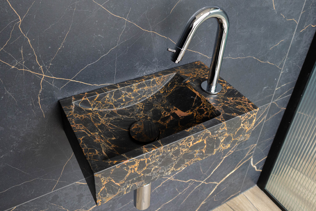 Saniclear Athens Portoro Gold fonteinset met gebogen kraan in chroom