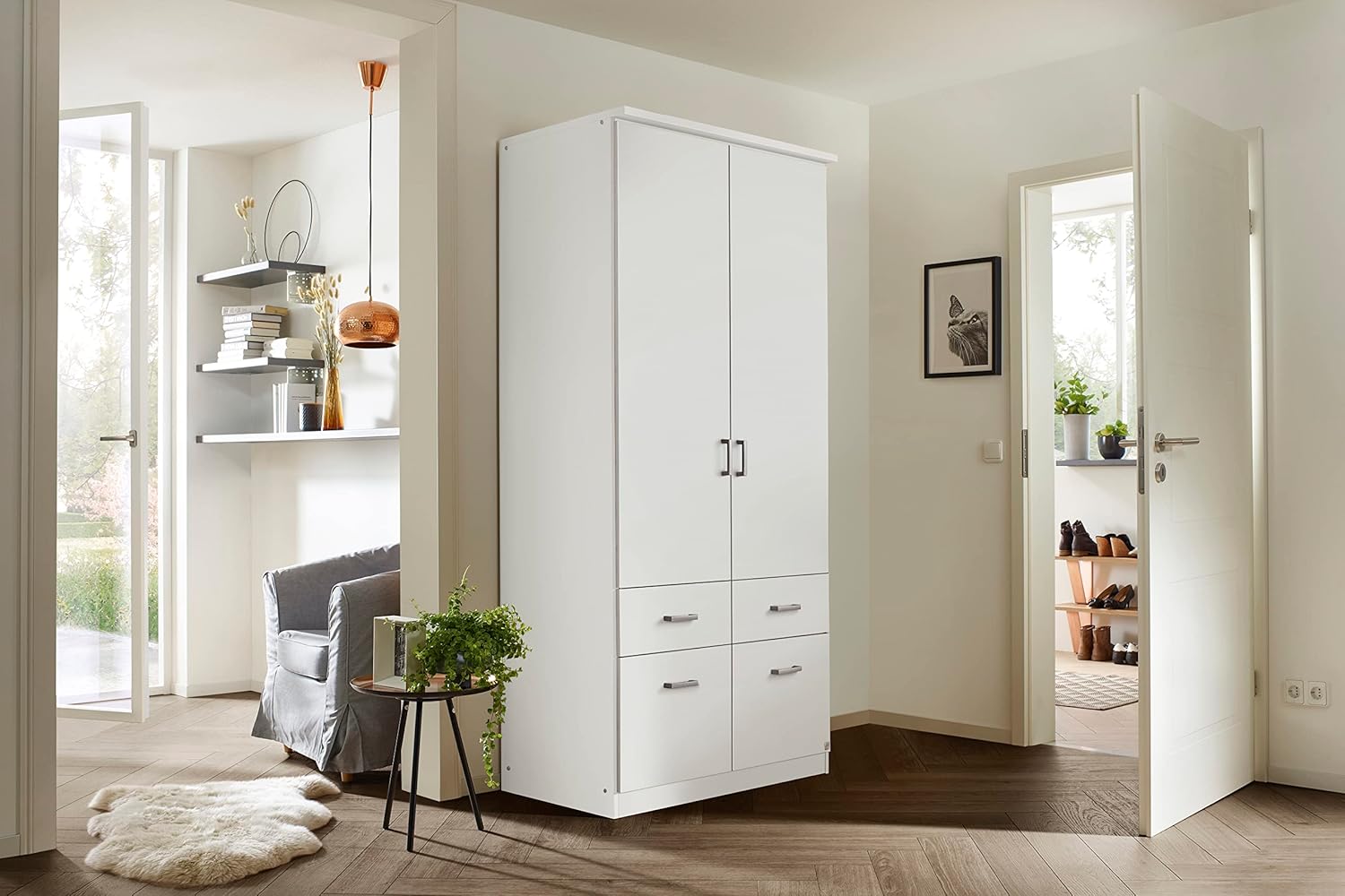 Rauch Drehtürenschrank Bremen - 2-türiger Kleiderschrank mit 4 Schubladen - Front und Korpus in Weiß, 58 x 91 x 199 cm