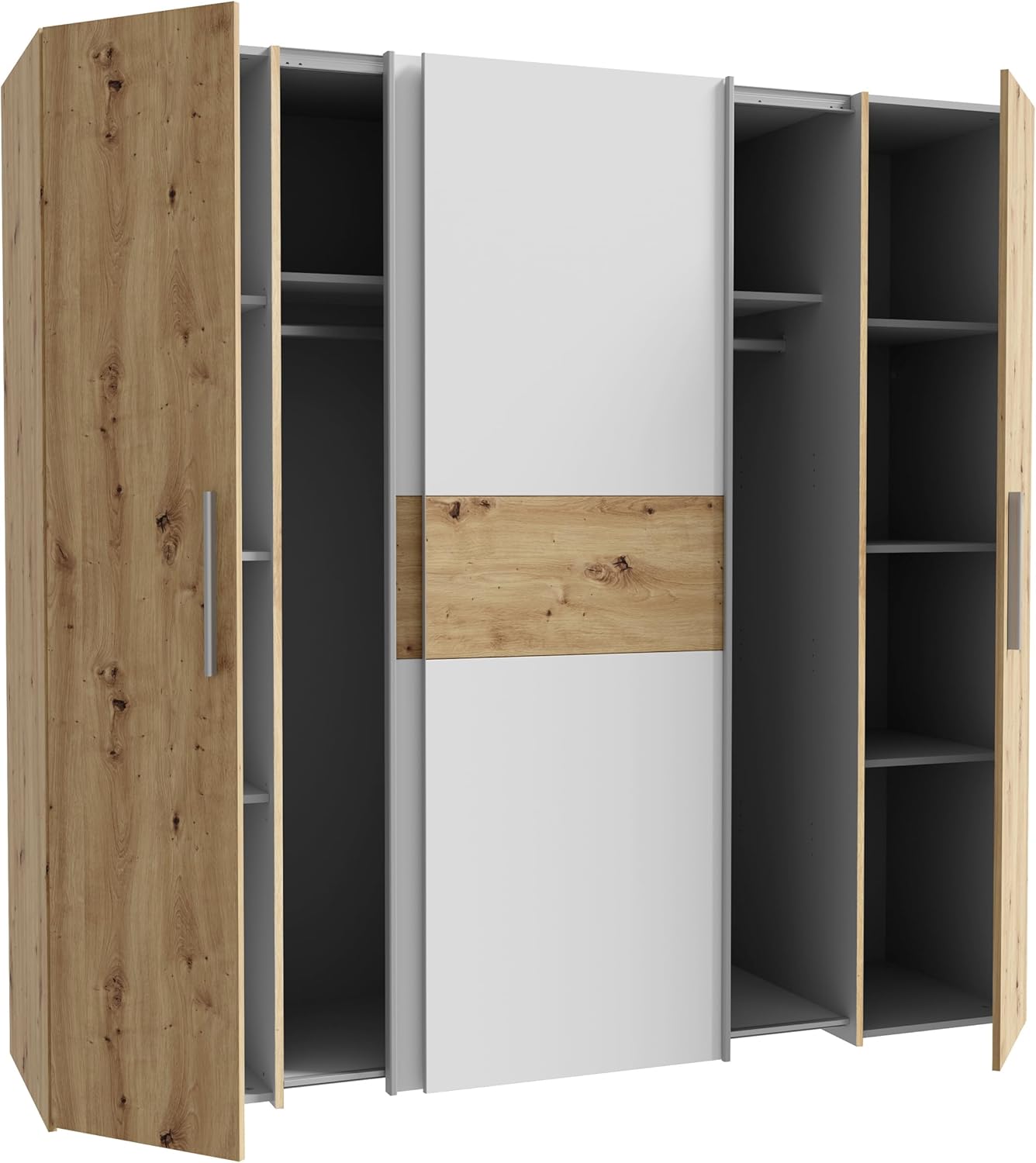 Forte Ginger Kleiderschrank 200, moderner Schrank mit 4 Türen und vielen Einlegeböden, Dreh-/Schwebetüren, Holzwerkstoff, Artisan Eiche/Weiß, 200,1 cm breit, 190,5 cm hoch, 61,6 cm tief
