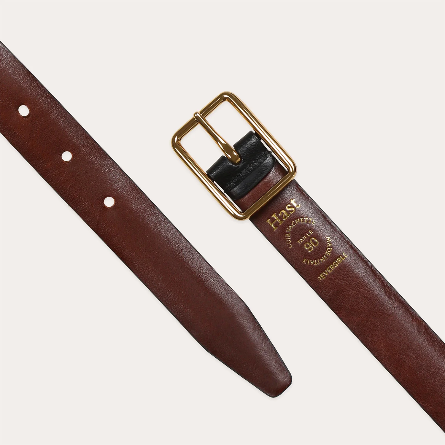 Reversible black and burgundy cowhide leather belt