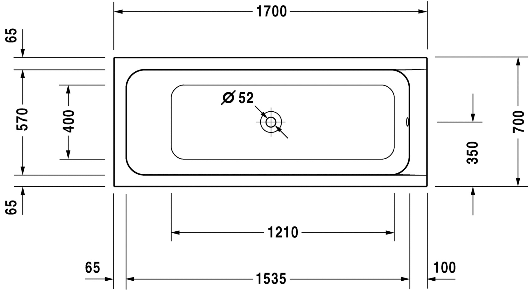Duravit D-Code ligbad 170x70cm met afvoer in het midden wit