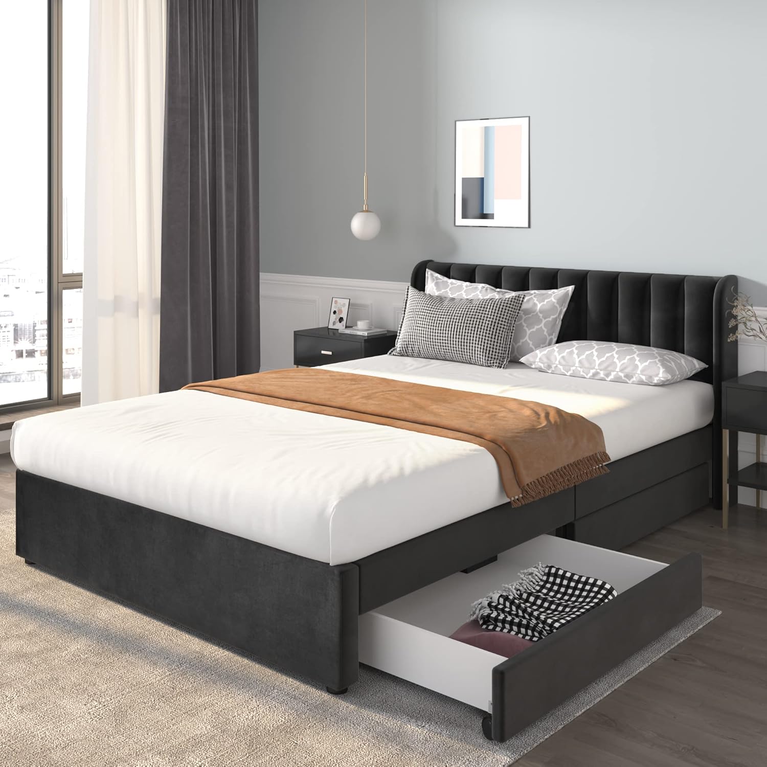 Polsterbett Doppelbett 140x200 cm, Bett mit 2 Stauraum Schubladen und Lattenrost aus Holz, Stauraumbett Bettgestell mit Metallrahmen, Samt, Schwarz (Ohne Matratze)