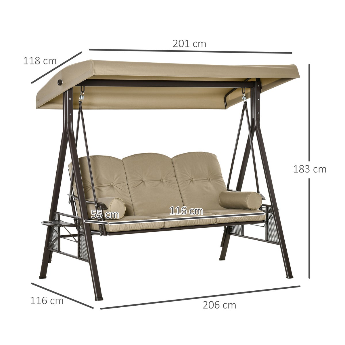 Outsunny Hollywood Swing, 3-zits tuinschommel met parasol en kussens, 116 x 206 x 183 cm, metaal, polyester, kaki