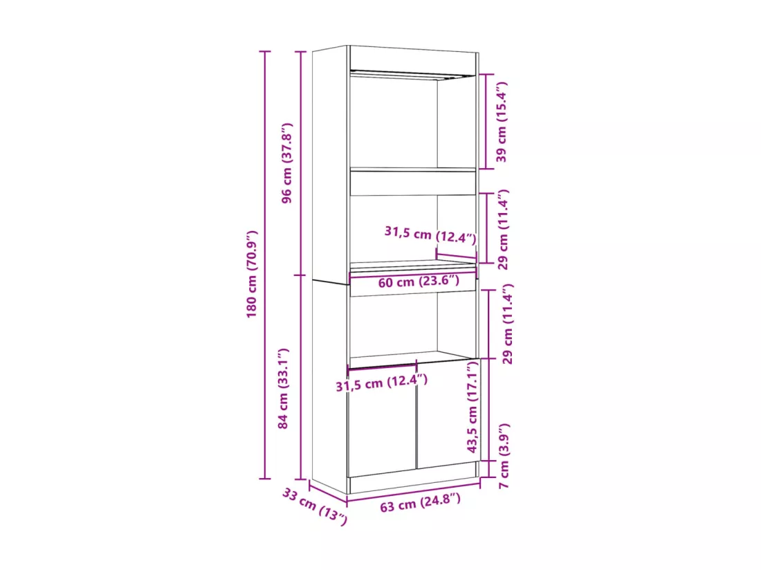 Buffet haut 63x33x180 cm blanc bois d'ingénierie